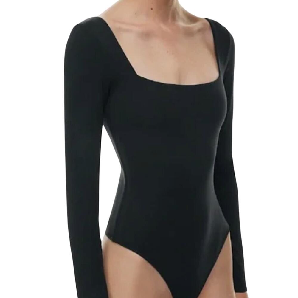 Babaton Black Square Neck Long Sleeve Nylon Spandex Thong Bodysuit Size L